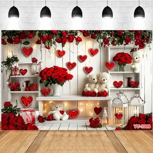 Photography Background Red Roses Hearts Teddy Bears Warm Atmosphere Proposal Wedding Photo Studio Backdrop