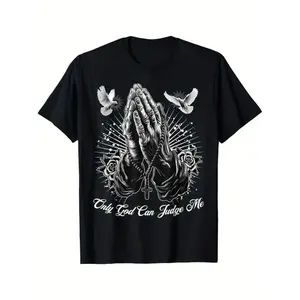 Only God Can Judge Me Prayer Hands Chicano Tattoo Doves T-Shirt, for Students, daily wear, holiday trip, minimalist design, quick-dry moisture wicking, vintage style Round Neck Black