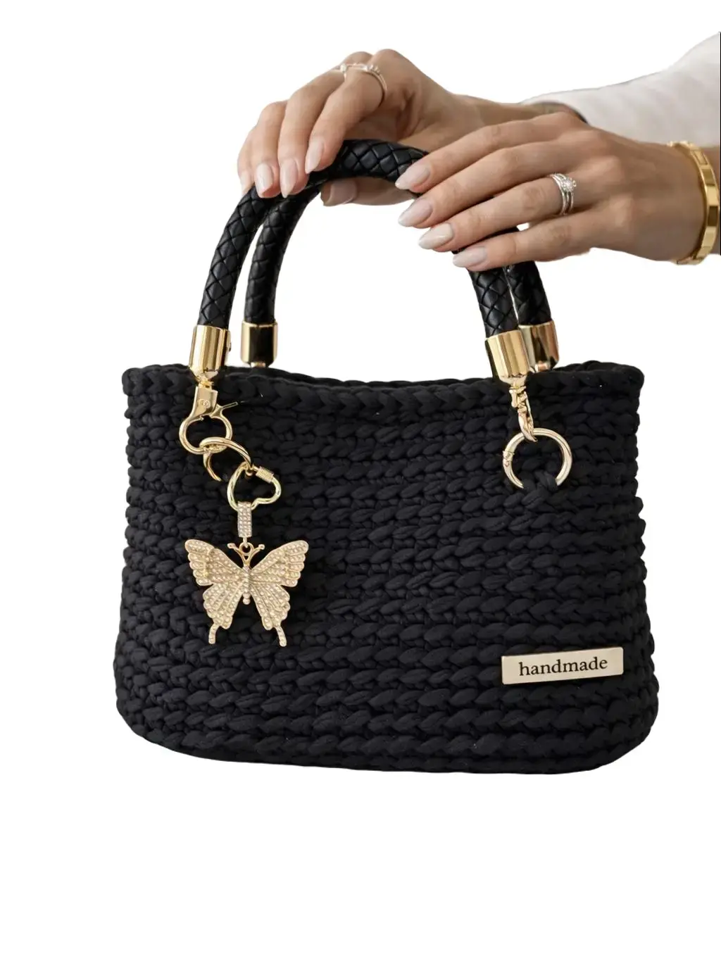 EME Handmade Legacy Artisan 100% Handmade Crochet Mini Tote for Women with Black Double Handle, Jewel Decoration and Butterfly Charm, Handbags For Women, Crochet Look, Lightweight, Crochet Weave