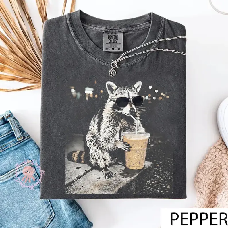Comfort Colors Raccoon Drinking Iced Coffee Vintage T-shirt Funny Animal Meme Coffee Lover Raccoon Tshirt Unisex Graphic Tshirt