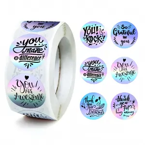 Rainbow Laser Thank You Stickers, 500 Sheets/roll Multi-Color Sticky Labels, Round Label, Durable Waterproof Design for Retail & Event Decoration