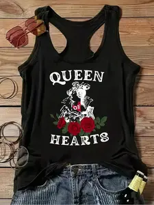 Plus Size Queen Of Hearts Graphic Tank Top - Sleeveless, Breathable Polyester Knit, Round Neck - Ideal For SpringSummer Casual Wear, Plus Size Tank Tops