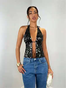 Navy Blue Women's Sequin Backless Halter Neck Sexy Tank Top, Chic, Fitted, Suitable For Evening Gala, Carnival Party, Date Night, Nightclub Gatherings, Women's Autumn Top, Y2K Sparkling Christmas Women, Christmas Party Women Top, Holiday Party Women Top