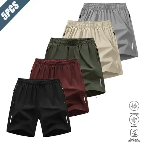 Men’s Summer Sports Shorts, Pack of 5 — American casual athletic style, quick-dry breathable fabric for a cool, sweat-wicking feel, zippered pockets securely hold a phone, reflective side stripes add practical detail, drawstring waistband is loose and doe