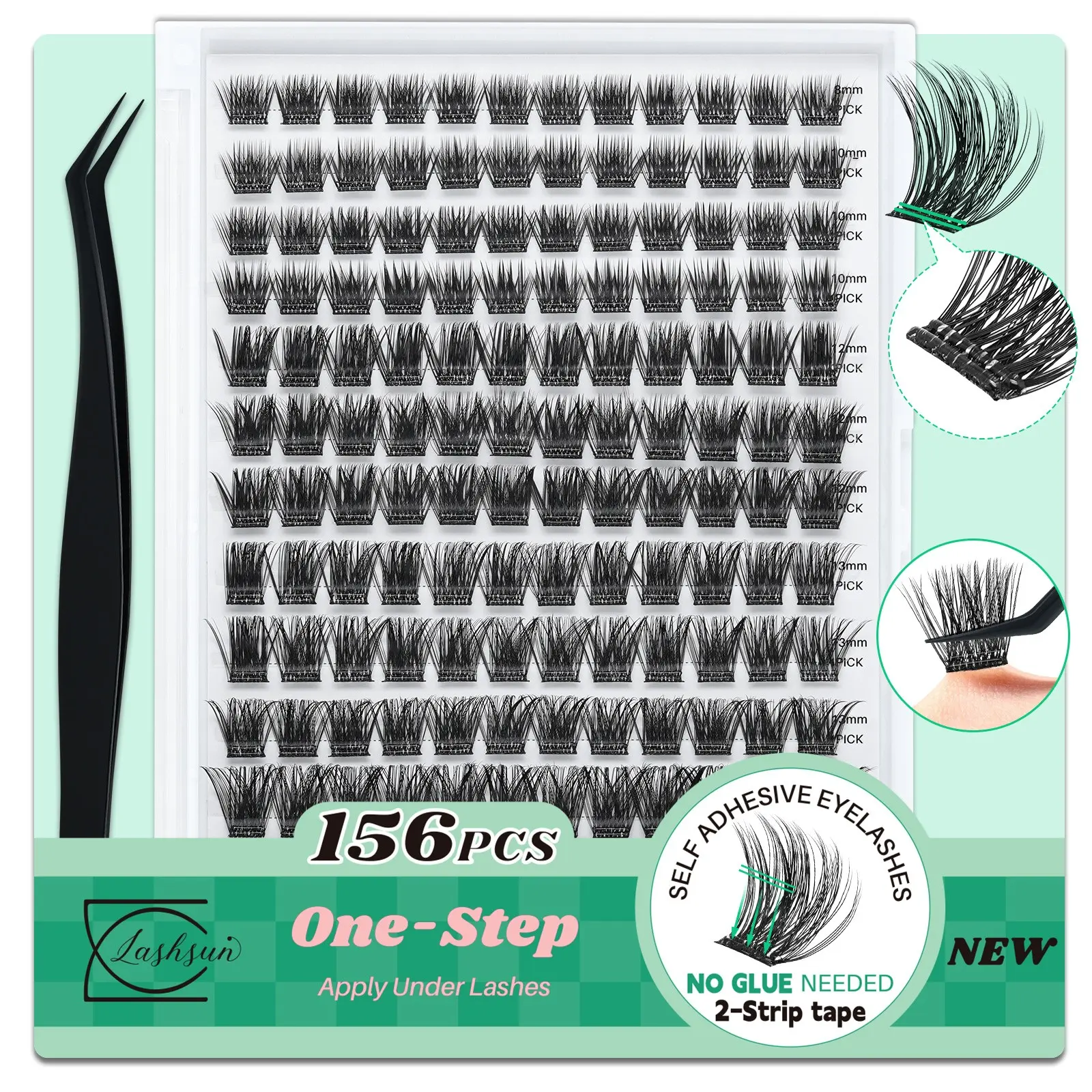 Lashsun Self Adhesive Eyelashes, Makeup 156 Pcs D Curl Self Adhesive Eyelash Clusters, No Glue Needed, Invisible 2-Strip Tape - Longer Lasting, No Sticky Residue Pre Glued Eyelashes