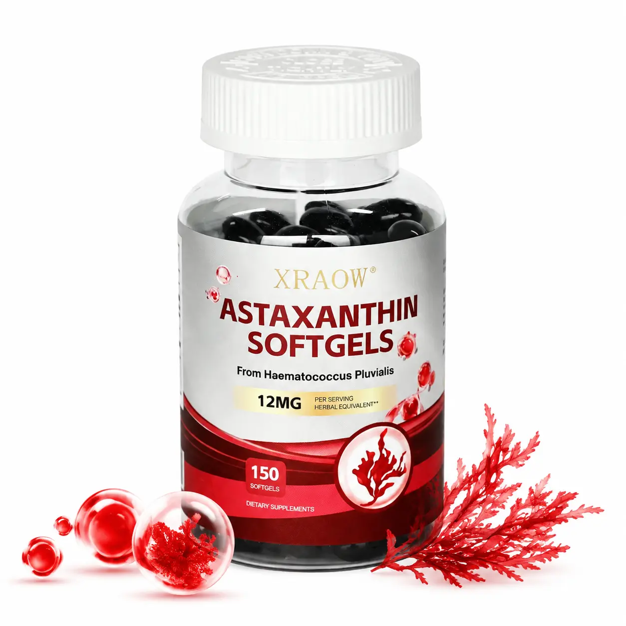 XRAOW Natural Dietary Supplements - 12mg Astaxanthin + Haematococcus Capsules, 150 Count Antioxidant Healthcare Vitamin for Skin & Eye Support