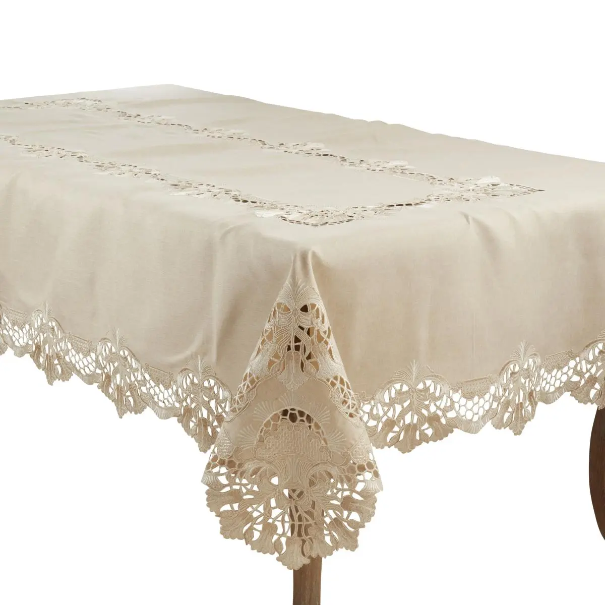 Saro Lifestyle 2186.E65120B Polyester Plain Weave Embroidered Rectangle Dining Tablecloth, 65" x 120", Durable, Machine Washable, Ecru, Embroidery