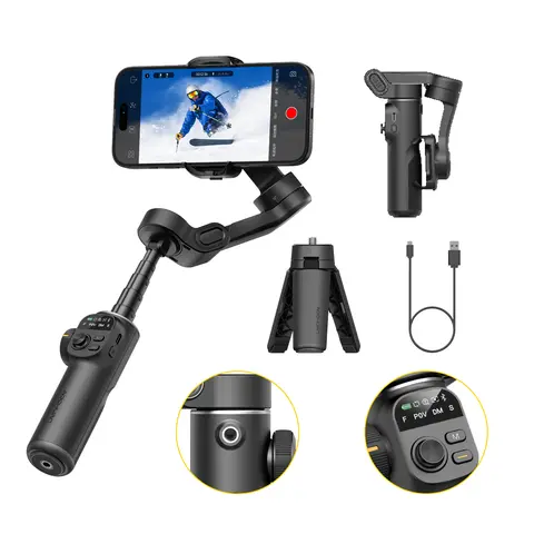 AOCHUAN Smart X2 Black 3-Axis Cellphone Camera Stabilizer for Adults - Adjustable 7.8in Extension Rod, OLED Display, Stabilizer Tripod Mount, 1600mAh, Selfie Accessory for iPhone/Android Video Recording Equipment