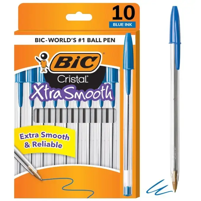 BIC Cristal Xtra Smooth Blue Ballpoint Pen, Medium Point, 10 Pack (68272)