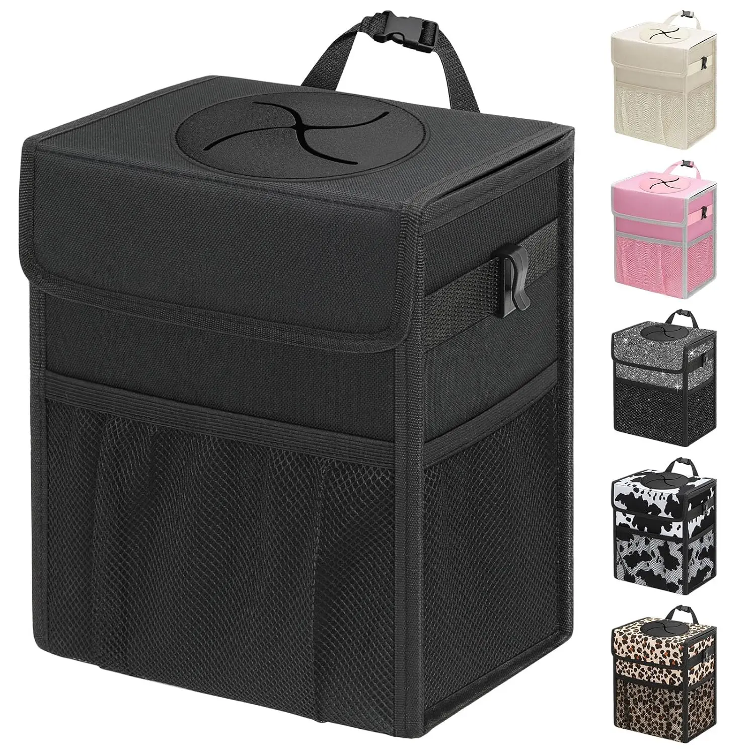 Car Trash Can with Lid, Leakproof Car Trash Bag Hanging Waterproof Automotive Garbage Can with Storage Pockets Mini Vehicle Trash Bin for Back/Front Seat(Black,2.5 Gallon)