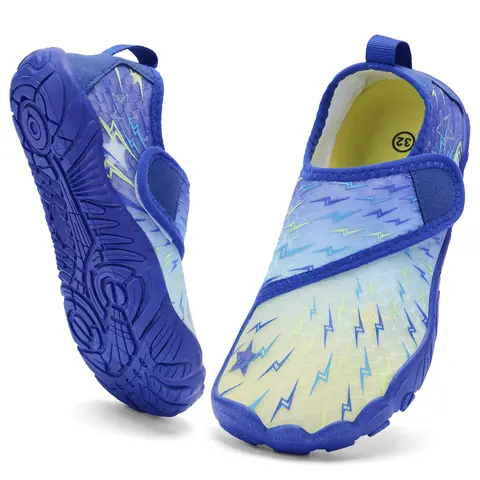 Kids' 1 Pair Slip-On Barefoot Aqua Socks Sporty Shoes - Velcro, Wide Toe Box, Fabric Upper, Quick-Dry Sole, Breathable, Less Than Ankle Water Sport Shoes for 9-10 Years (Beach, Pool Use)
