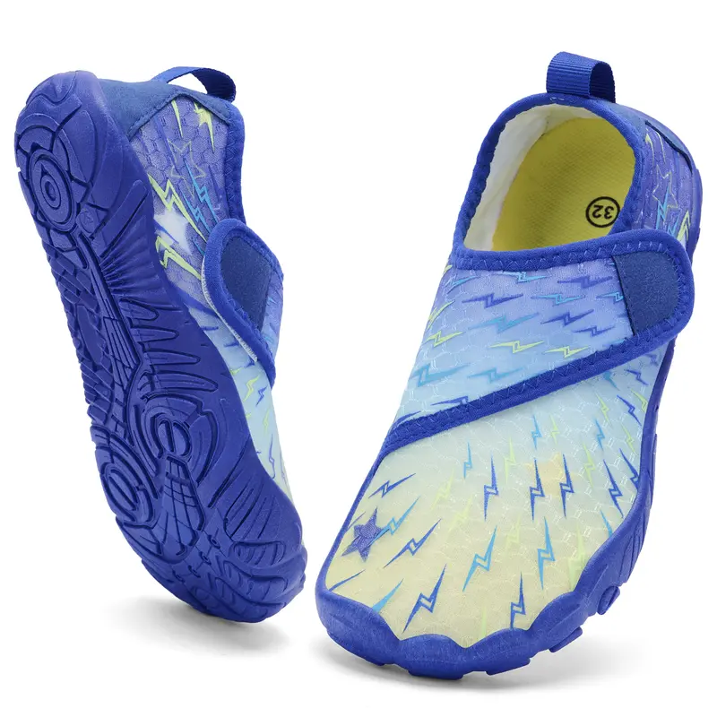 Kids' 1 Pair Slip-On Barefoot Aqua Socks Sporty Shoes - Velcro, Wide Toe Box, Fabric Upper, Quick-Dry Sole, Breathable, Less Than Ankle Water Sport Shoes for 9-10 Years (Beach, Pool Use)