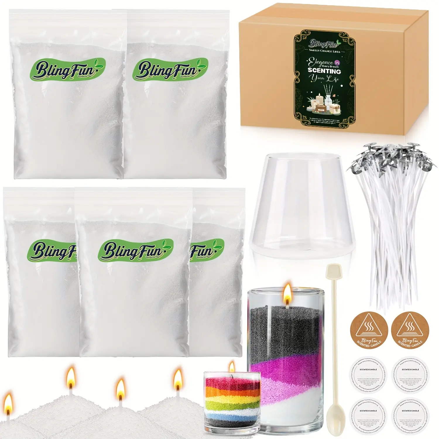BlingFun Pearl Candle Making Kit, Including 500g White Pearl Sand Wax, Handcrafting Spoon, 20 Wicks, High-Transparency Glass Jar, Labels & Heat-Resistant Mat - Complete DIY Sand Wax Set