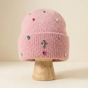 Paris Cross Sparkling Crystal  Artificial 100% Soft Waxy Plush Knitted Winter Hat with Earmuffs Soft Plush Warm Outdoor Hat Women's Popular Fashion