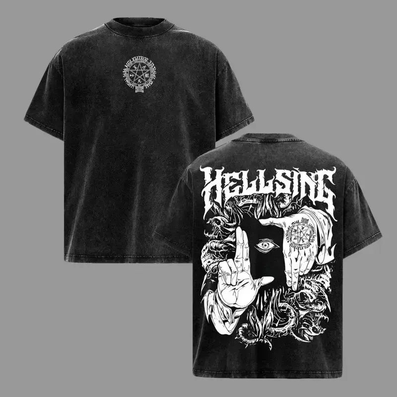 Men's Premium Cotton Printed Alucard Hellsing Anime Vampire Hand Signs Oversized Pre-Washed Dark Streetwear Short-Sleeve Round Neck T-Shirt, Unisex Menswear Top