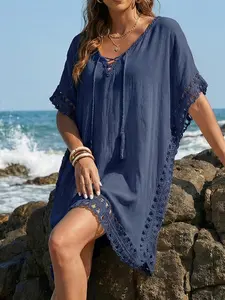 Women's Hand Hook Flower Patchwork Beach Cover-Up, Belted Design Casual Summer Bikini Dress, Perfect for Daily Wear and Outdoor Activities