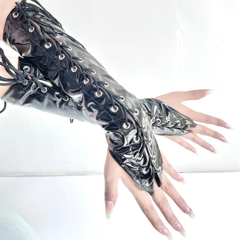 Women's Club Style PVC Full Hand Gloves - 1 Pair, Solid Color, Inelastic Tie-On, Decorative Stripe Craftsmanship, Hand Wash Only, No Feathers, for Nightclub Stage Performances