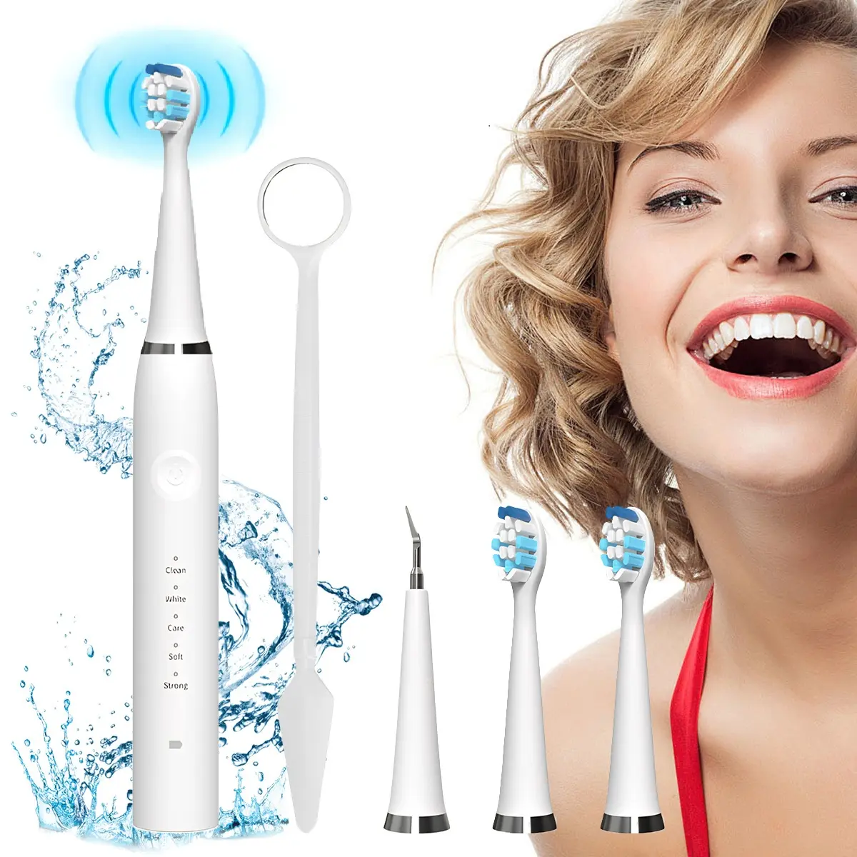 Oceantree Oral Ultrasonic Electric Teeth Cleaner Complete Kit - 5 Cleaning Modes, USB Rechargeable, IPX7 Waterproof, Plaque & Tartar Remover, for Adults' Daily Care (White with Toothbrush Head)