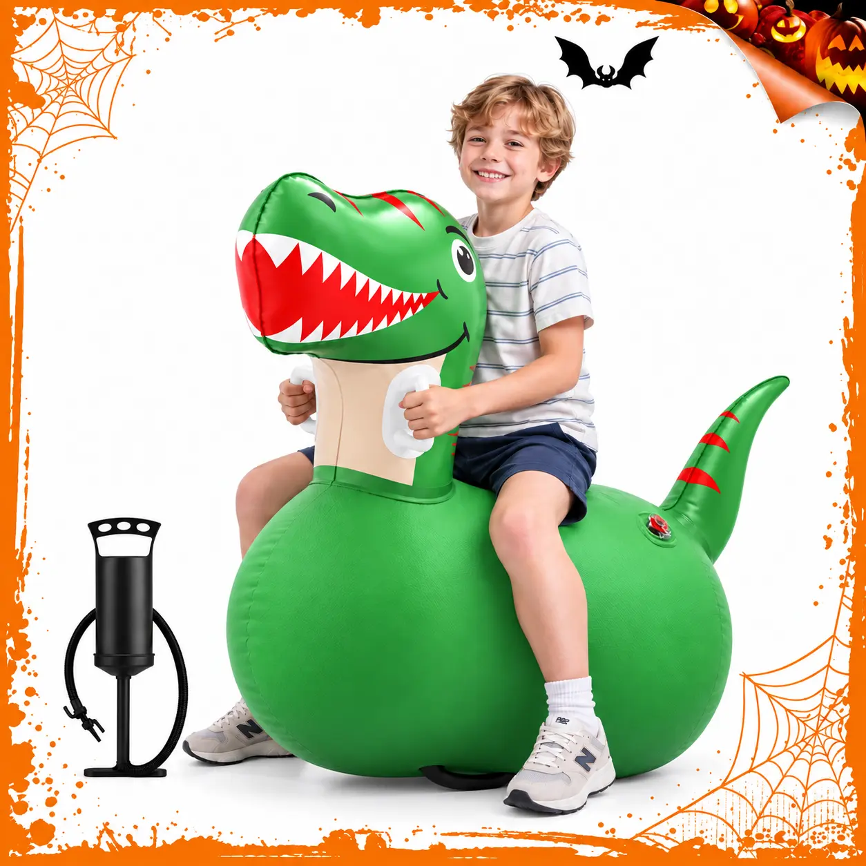 QPAU Large Dinosaur Bouncy Hopper Kiddie Inflatable Kids Toy, Home Playground Play Equipment, 5+ Ages, 220 lbs Capacity, with Hand Pump, Indoor-Outdoor Use, Cool Gifts for Kids, Halloween Gift
