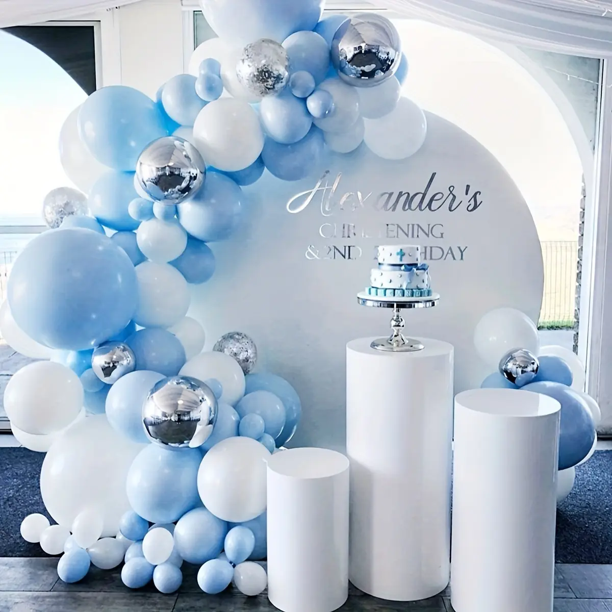 Blue White Silver Balloon Garland Arch Kit for Baby Boy Birthday Party, Metallic Chrome Balloons with Macaron Blue & White Latex Balloons, Balloon Decorations for Baby Shower, Christening, Wedding, Graduation Party Decor