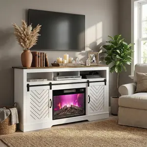 【Summervibes】RoyalCraft Farmhouse Fireplace TV Stand for 65+ Inch TV, Entertainment Center with 23" Electric Fireplace with Remote, 34" Tall Modern Rustic TV Console with Sliding Bar Door for Living Room, Black