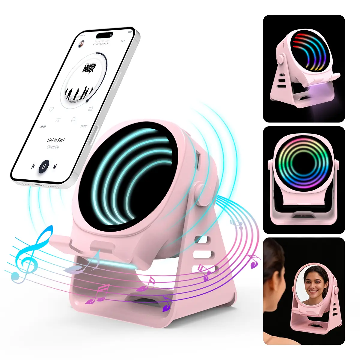 5-in-1 Multifunctional Magnetic Bluetooth Speaker - Portable Punchy Bass Hit Stereo, Instant Sound, Mobile Stand, RGB Night Light, Mirror-Light Combo, USB Rechargeable for iPhone/Tablet Device, Ideal for Music Setup/Watch Party Birthday Gift