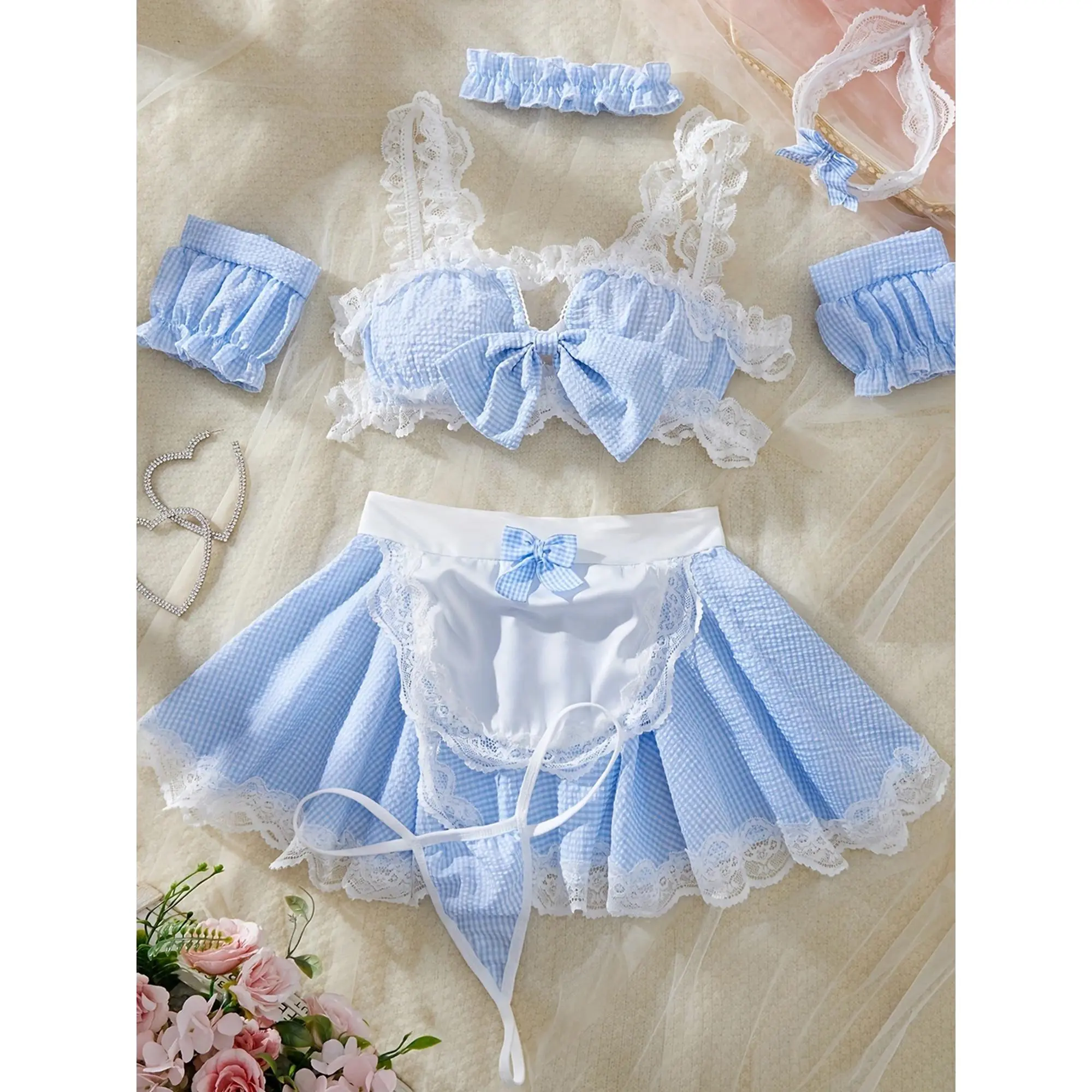 Women's Cute Maid Lingerie Set, Exotic 6-Piece Plaid Roleplay Costume with Bra, Panty, Apron Skirt, and Headband