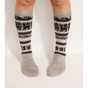 Alpaca Wool Socks Inca and Llama Design Medium Light Gray. Socks for Women Fits Sizes 7-9