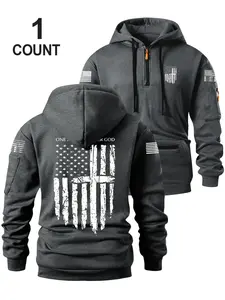 Men's Half-Zip Hoodie with Trendy Pocket Zip Design, Flag Pattern Print, Multiple Colors Available, Loose Fit, Casual Streetwear