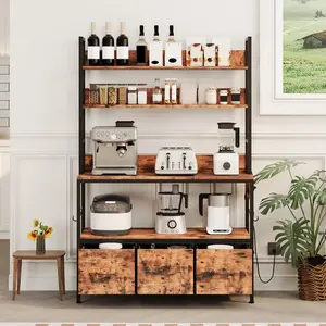 Brown Kitchen Bakers Rack with Storage and Power Outlet, 5-Tier Industrial Microwave Stand with Drawers and Open Shelves, Metal Frame, Farmhouse Coffee Bar Cabinet