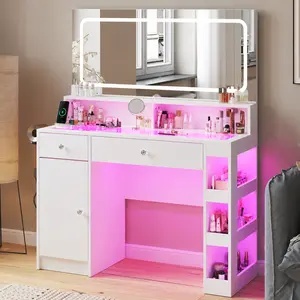CollaredEagle Vanity Desk Makeup Station Vanity Set Chair White LED Lighted Makeup Vanity Table Rotating Mirror Vanity with Storage Modern Glass Top Vanity Power Outlet Adjustable Brightness summergarden