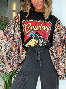 Women’s Comfortable Western Cowboy Graphic Batwing Blouse - Leopard Print Patchwork, Paisley Sleeve Oversized Bohemian Top, Boho Clothes for Women for Rodeo Layering Outfits & Western OOTD (Pairs with Jeans)