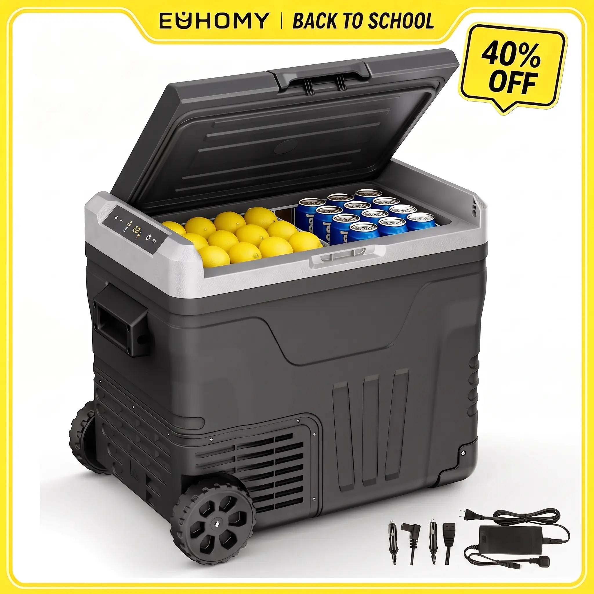 【Back To School】EUHOMY 12V Refrigerator (24/37/53Quart /23L/35L/50L) supports 12V/24V DC & 110-240V AC. Portable with -4°F~68°F range, it features wheels, 2 baskets, and large cooling zone. Ideal for ,travel, Truck,  Cooler Carry Handl