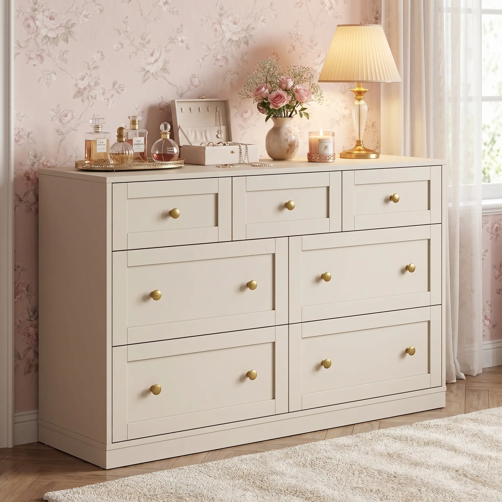 【Summervibes】RoyalCraft 7 Drawer Dresser,3 Drawer Nightstand  with Golden Round Knobs, Large Bedside Table, Modern Wood End Table, Accent Side Table Chest of Drawers for Bedroom, Living Room, Hallway, Closet, White