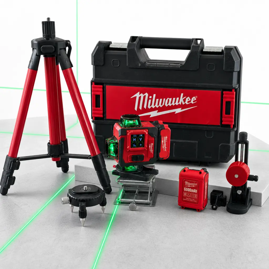 Milwaukee 4D 360° 16-Line Self-Leveling Green Laser Tool, 532nm Cross Line, ±3° Auto-Leveling, IP54 Waterproof, 25M Working Distance, 6000mAh Lithium Battery, Charger, Tripod, Magnetic Wall Mount & Carry Case for Professional Constructi,me,cordless,impact