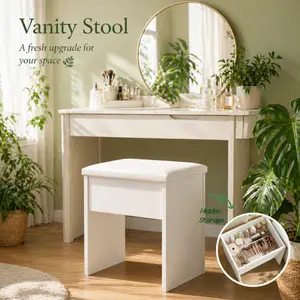 Vanity Stool with Storage, Soft Cushioned Seat Makeup Chair, Modern Minimalist Dressing Table Stool for Bedroom & Small Spaces
