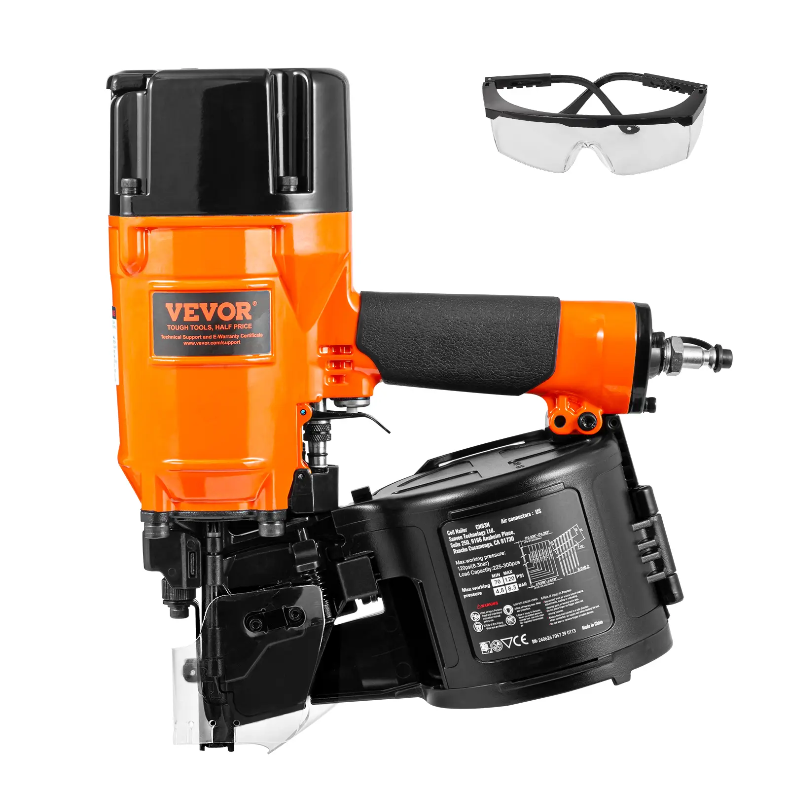 【Summerfinds】VEVOR CN83N 15-Degree Pneumatic Coil Siding & Framing Nailer, 2"-3-1/4" Nails, Tool-Less Depth Adjustment, 70-120PSI Pressure, Portable Handle, Bump Fire Mode, High Load Cap, Power Tools for DIY Decking & Construction Fencing