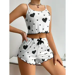 【Heart Print Ribbed Pajama Set】New Summer Thin Pajamas Solid Color Polyester Leisure Suit Homewear Set Sling Shorts Ladies,Crop Camisole with Spaghetti Straps + Ruffled Shorts, Sweet & Playful Design, Soft Ribbed Fabric for Ultimate Comfort