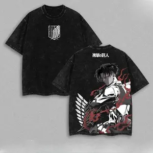 Levi Ackerman Anime Tshirt V Retro Vintage Washed Heavyweight Cotton Tee Attack on Titan Merch Streetwear Menswear Graphic Tee Oversized Fit Grey Crewneck