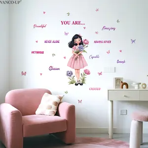 A set (30*90cm*2pcs) of pink-themed floral and butterfly inspirational English flat frosted wall stickers for girls, used for home background decoration and beautification, M21552-K