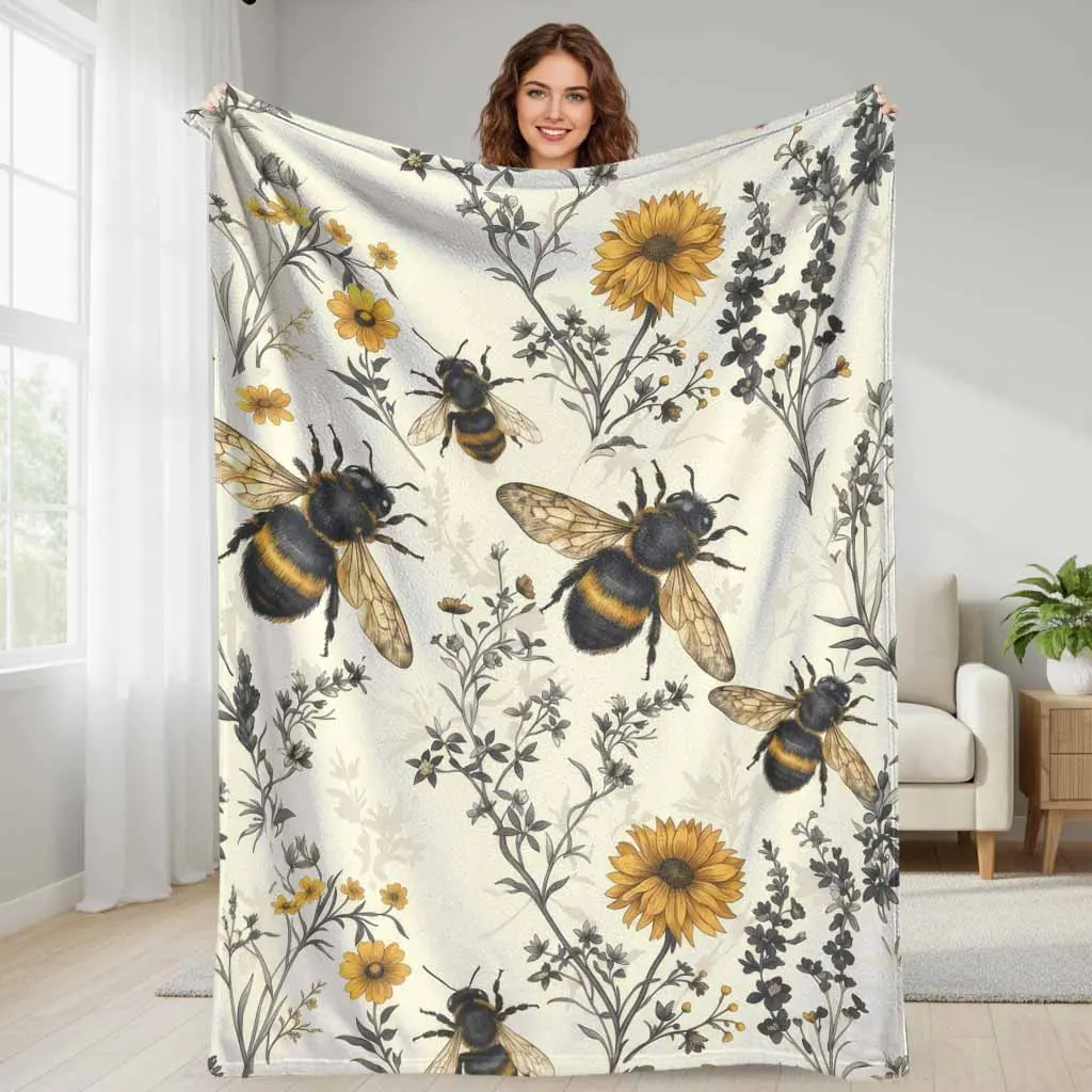 Vintage Honeybee & Sunflower Print Flannel Throw Blanket, Soft Comfy Warm Lightweight Decorative Soft Comfy Blanket for Bedroom, Sofa, Camping Gift (Summerwins), Throw Blankets
