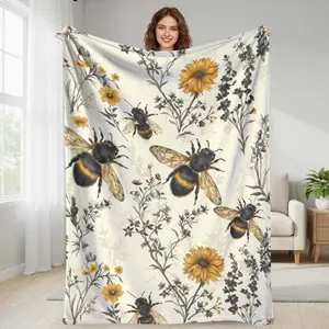 Honeybee and Sunflower Flannel Blanket  Vintage Floral Bee Print Design  Soft Cozy Warm Lightweight Decorative Throw for Bedroom Living Room Sofa Office Picnic Camping Gift Use summerwins