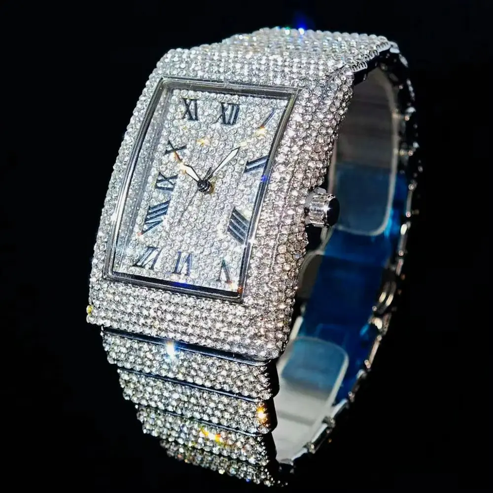 MaxBling81 Men's Luxury Rectangular Quartz Watch - Hip Hop Style Full Iced Lab Diamond Chandelier Wristwatch, Stylish Sparkling Diamond-Set Quartz Watch, Quartz Watches, Stylish Watch