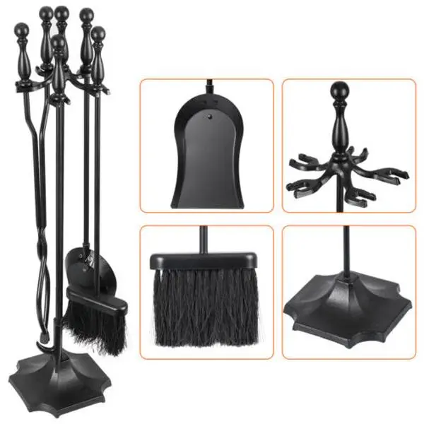 5PCS Heavy-Duty Wrought Iron Fireplace Tools Set with Handles and Holder, Antique Home Organizer for Wood Burning Firepit, 5.05kg Fire Pit Accessory