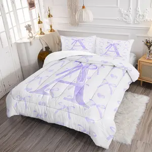 2/3 Pcs Purple Bow Print Bedding Set with Creative A-Z Letter Design Quilted Comforter and Pillowcase, No Pillow Core, Warm Breathable Quilt for Girls' Bedroom Decoration, All Seasons