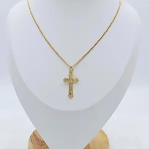 Gold Small Crucifix Necklace, 1mm French Rope Chain, 14k Heavy Plated Gold, Unisex Cross Design, Small Cross Size