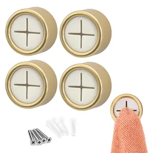 S&T INC. Round Adhesive Push Towel Hooks for Kitchen, Hand and Dish Towels, Brushed Gold, 4 Pack