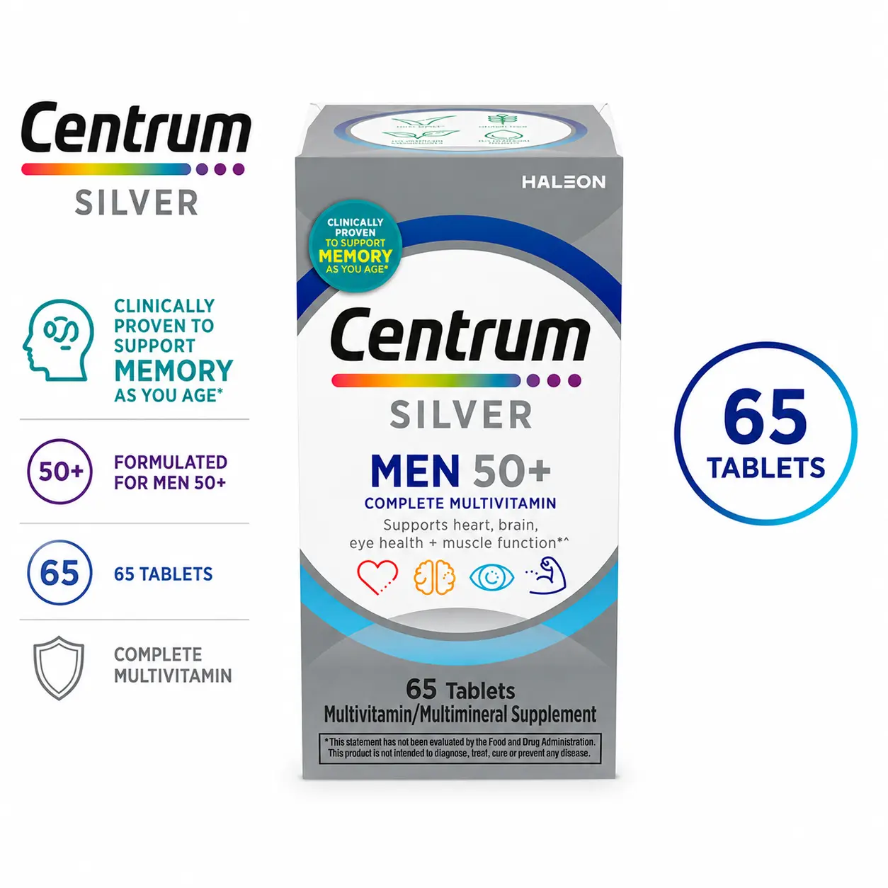 Centrum Silver Men 50+, Daily Multivitamin & Multimineral Supplement with Vitamin D3, B Vitamins, Zinc, Lutein, 65 Tablets