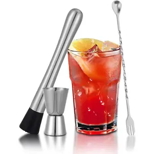 3 Piece Set of Wine Utensils,Muddler for Cocktails,10'' Cocktail Muddler for Cocktails With Cocktail Spoon Long Handle and Jigger 0.5/1 OZ,Bar Accessories Tools for Mojitos Fruit Drinks