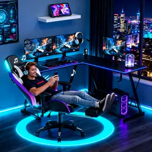 【RGB Series】Mr IRONSTONE L Shaped Gaming Desk with Led Lights Corner Computer Desk,L Shaped Desk with Carbon Fiber Surface, Home Office Desks Writing Workstation with Large Monitor Stand, Easy to Assemble, BacktoSchool
